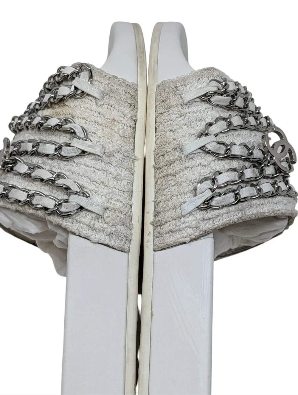 Chanel White Tweed Silver Chain Interlocking CC Charm Slide Sandals Size EU 39